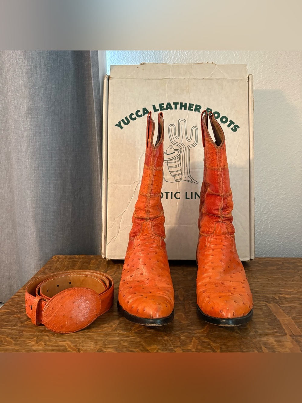 Vintage Ostrich Leather Cowboy Boots & Matching Belt Mens 9.5 E Wide Womens 11.5